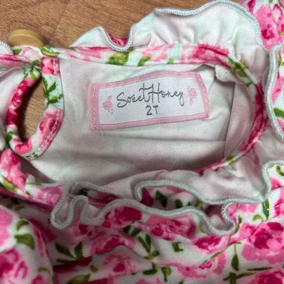 Sweet Honey Girls Floral Rose Ruffle Crewneck One-Piece Romper Pink Size 2T - Picture 9 of 9